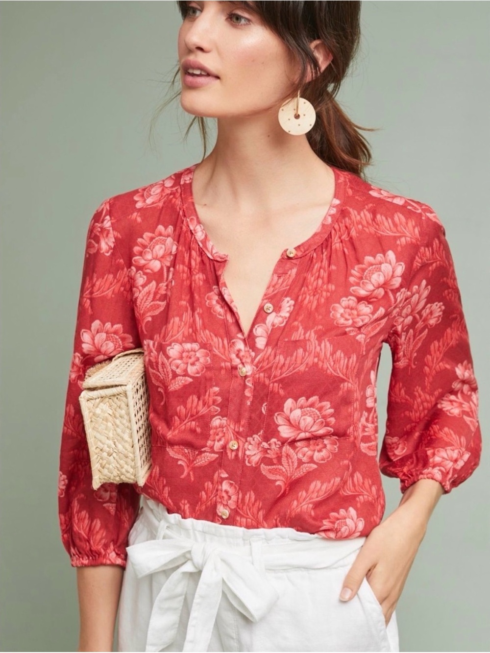 Anthropologie Akemi + Kin Coconino Printed Floral Button Down Blouse Red Size SM